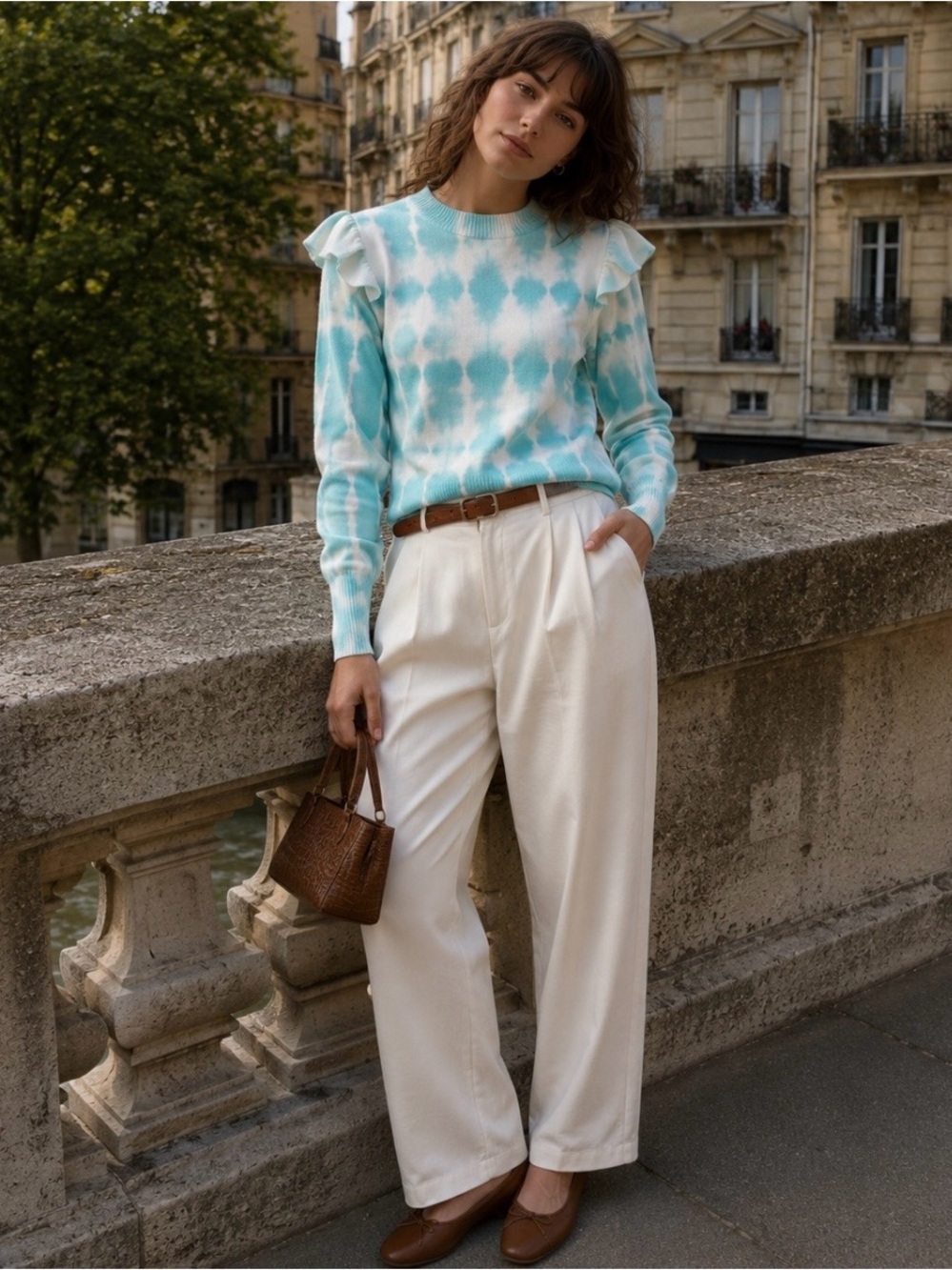 Generation Love Colette Silk Blend Ruffle Sweater Tie Dye Turquoise White NWT L